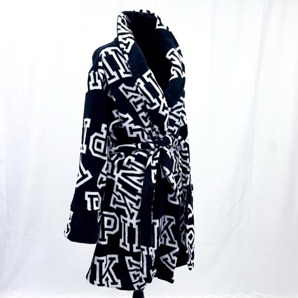 Victoria's Secret PINK Intimates & Sleep Wear Black & White Fleece Robe w Belt - Picture 2 of 10